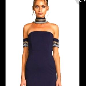 Navy Off-Shoulder Bodycon Dress with Embellished Choker